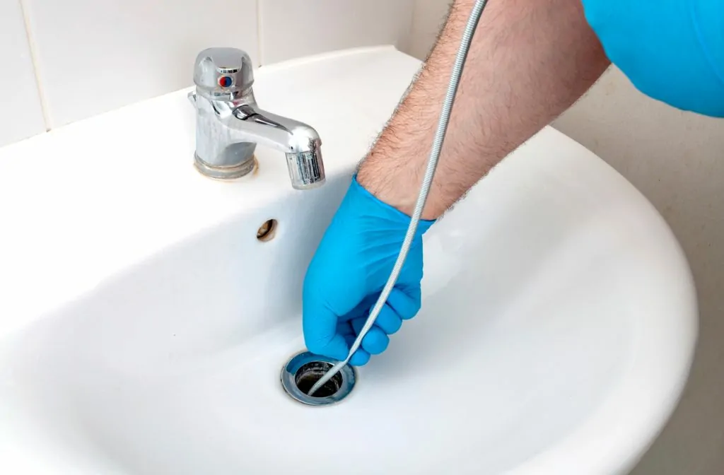 A plumber using a plumbing snake to unclog a drain