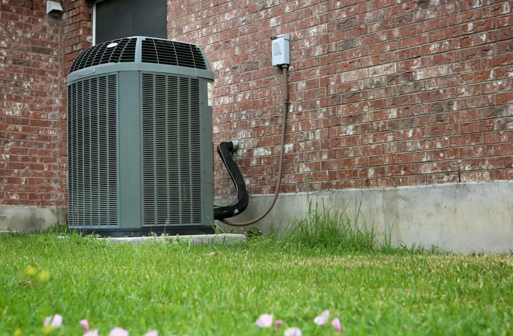 A residential AC unit surrounded by beautiful green grass, positioned right next to a brick wall of the home
